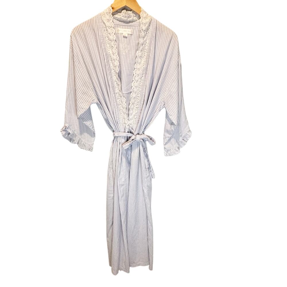Eileen West Light Blue and White Striped Lace Trim Robe